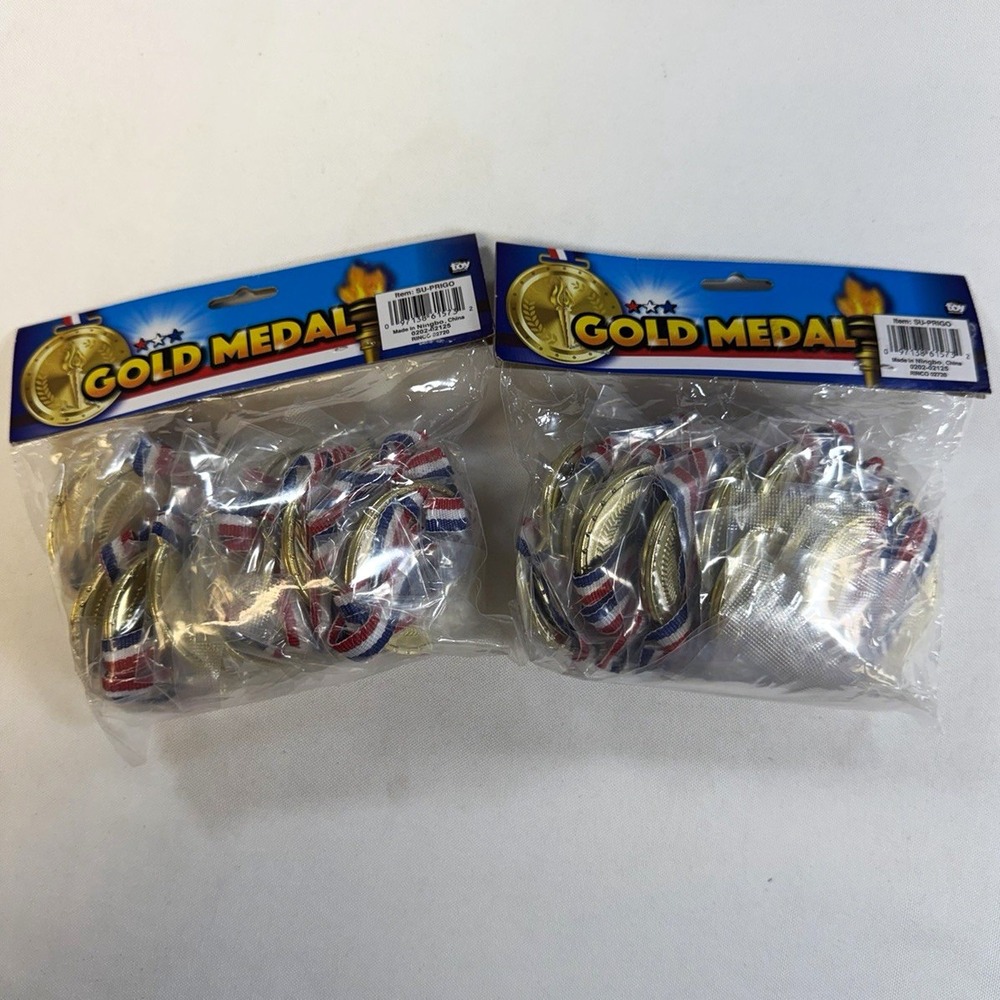 NEW 24 Pack Gold Medals with Ribbon Neck Lanyard Bulk Kids Party Favors Toy Lot
